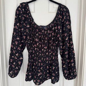 EUC, American Eagle Smocked Floral Blouse, Black with Pink Flowers, Size L